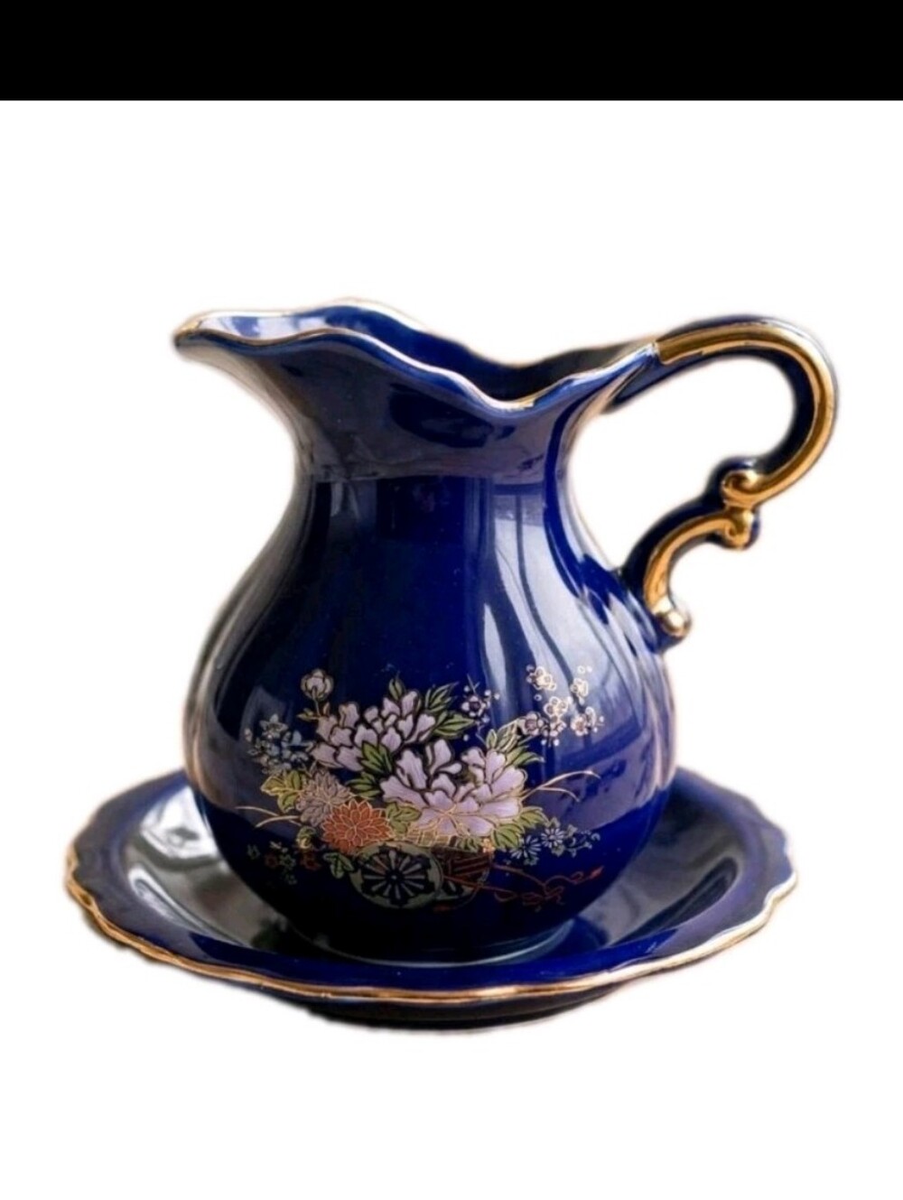Vintage Cobalt Blue Floral Ceramic Pitcher and Basin Set